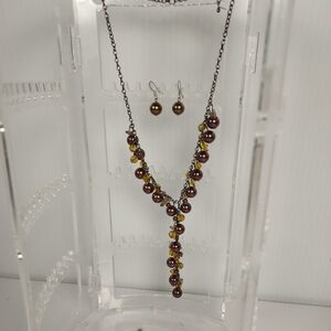 Maroon Yellow Necklace and Earrings Set Lariat Beaded Dangle